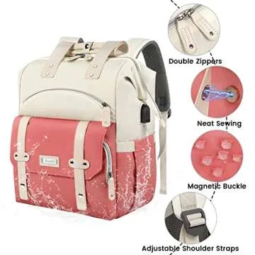 FALANKO Laptop Backpack for Women,Teacher Doctor Nurse Work Purse Bag for 15.6 Inch Laptop, Wide Open backpack With USB Charging Port RFID Pocket, Large, Water Resistant, White-Pink