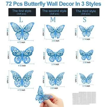 Nelotaor 72 Pcs Butterfly Wall Decor, 3 Styles 3 Sizes 3D Butterfly, Blue Butterfly, Wedding Decorations, Birthday Party Decorations, Girls Bedroom Decoration (72 Pcs, Blue)
