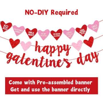 Deneo Happy Galentine's Day Banner - Glittery Decorations with Heart Garland