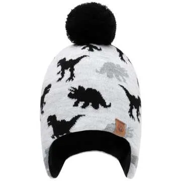 Duoyeree Kids Beanie Hat for Boys Girls Pom-pom Knit Hats Cozy Lining Winter Skull Cap White Grey