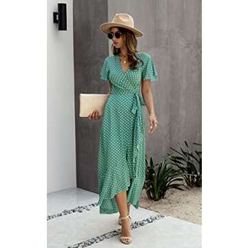 ECOWISH Women's Dresses Bohemian Wrap V Neck Short Sleeve Ethnic Style High Split Beach Maxi Dress 032 Green Small