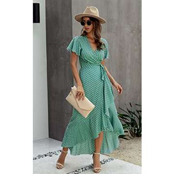 ECOWISH Women's Dresses Bohemian Wrap V Neck Short Sleeve Ethnic Style High Split Beach Maxi Dress 032 Green Small