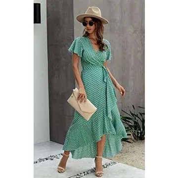 ECOWISH Women's Dresses Bohemian Wrap V Neck Short Sleeve Ethnic Style High Split Beach Maxi Dress 032 Green Small