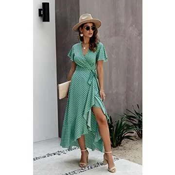 ECOWISH Women's Dresses Bohemian Wrap V Neck Short Sleeve Ethnic Style High Split Beach Maxi Dress 032 Green Small