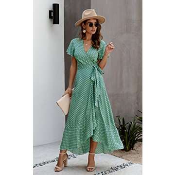 ECOWISH Women's Dresses Bohemian Wrap V Neck Short Sleeve Ethnic Style High Split Beach Maxi Dress 032 Green Small