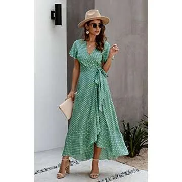 ECOWISH Women's Dresses Bohemian Wrap V Neck Short Sleeve Ethnic Style High Split Beach Maxi Dress 032 Green Small