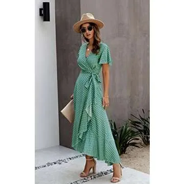 ECOWISH Women's Dresses Bohemian Wrap V Neck Short Sleeve Ethnic Style High Split Beach Maxi Dress 032 Green Small