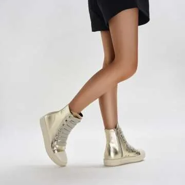 IMPREMEY Women's High Top Sneakers Lace Up PU Leather Shoes with Thick Soles and Zipper, Fashionable Walking Shoes Gold