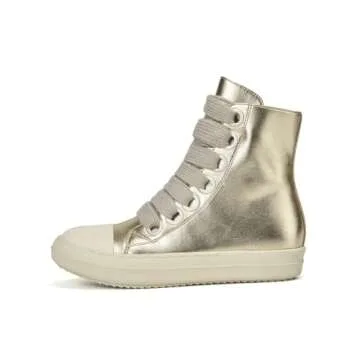 IMPREMEY Women's High Top Sneakers Lace Up PU Leather Shoes with Thick Soles and Zipper, Fashionable Walking Shoes Gold