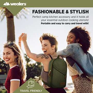 Camp Kitchen Cooking Utensil Set Travel Organizer Grill Accessories Portable Compact Gear for Backpacking BBQ Camping Hiking Travel Cookware Kit Water Resistant Case (Green 13 Piece Set)