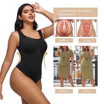 SHAPERX Bodysuit for Women Tummy Control Shapewear Sleeveless Seamless Sculpting Thong Body Shaper,SZ5238-Black-XXS/XS