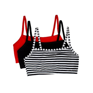 Fruit of The Loom Women's Spaghetti Strap Cotton Pull Over 3 Pack Sports Bra, Skinny Stripe/Black Hu...