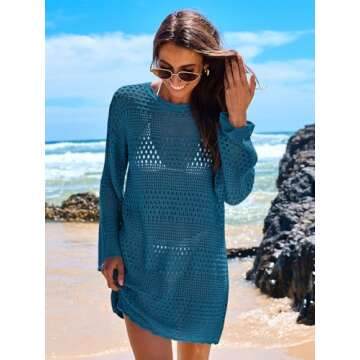 ANRABESS Women Swimsuit Crochet Swim Cover Up 2025 Summer Bathing Suit Swimwear Mesh Knit Beach Dress Vacation Outfits Cyan Medium