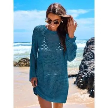 ANRABESS Women Swimsuit Crochet Swim Cover Up 2025 Summer Bathing Suit Swimwear Mesh Knit Beach Dress Vacation Outfits Cyan Medium