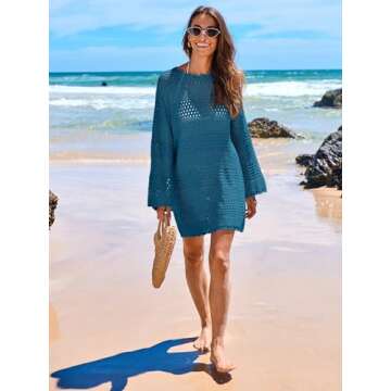 ANRABESS Women Swimsuit Crochet Swim Cover Up 2025 Summer Bathing Suit Swimwear Mesh Knit Beach Dress Vacation Outfits Cyan Medium