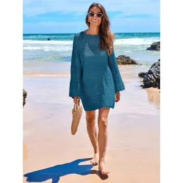 ANRABESS Women Swimsuit Crochet Swim Cover Up 2025 Summer Bathing Suit Swimwear Mesh Knit Beach Dress Vacation Outfits Cyan Medium