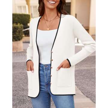 ZESICA Women's Fall Fashion Cardigan Sweaters Long Sleeve Button Open Front Color Block Coatigan with Pockets White S