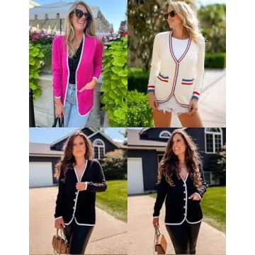 ZESICA Women's Fall Fashion Cardigan Sweaters Long Sleeve Button Open Front Color Block Coatigan with Pockets White S