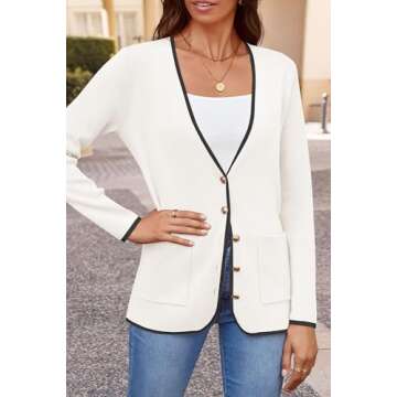 ZESICA Women's Fall Fashion Cardigan Sweaters Long Sleeve Button Open Front Color Block Coatigan with Pockets White S
