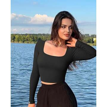 OQQ Women's 2 Piece Crop Tops Long Sleeve Square Neck Underscrubs Stretch Fitted Layer Tee Shirts Tops Rose2 Black