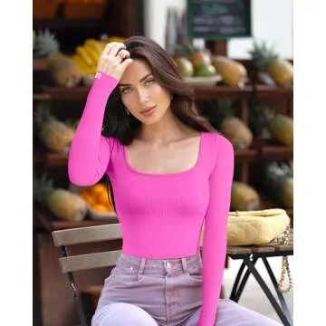 OQQ Women's 2 Piece Crop Tops Long Sleeve Square Neck Underscrubs Stretch Fitted Layer Tee Shirts Tops Rose2 Black