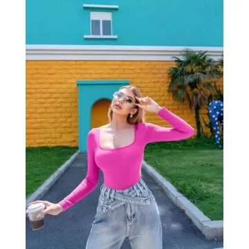 OQQ Women's 2 Piece Crop Tops Long Sleeve Square Neck Underscrubs Stretch Fitted Layer Tee Shirts Tops Rose2 Black