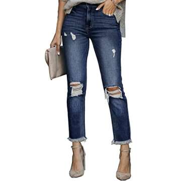 GOSOPIN Women Raw Hem Hole Straight Jeans Boyfriend Distressed Released Denim Pants X-Large Blue