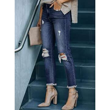 GOSOPIN Women Raw Hem Hole Straight Jeans Boyfriend Distressed Released Denim Pants X-Large Blue