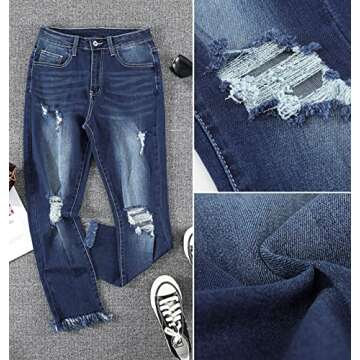 GOSOPIN Women Raw Hem Hole Straight Jeans Boyfriend Distressed Released Denim Pants X-Large Blue