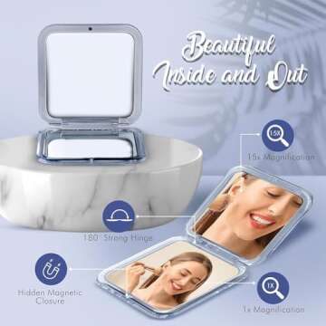 MIRRORVANA Small Compact 15X Magnifying Mirror for Travel - Handheld, Foldable & Lightweight - Mini ...