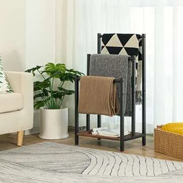 HOOBRO Free Standing Towel Rack, 3 Tier Blanket Rack, Blanket Holder for Bathroom, 16.9" L x 11" W x 31.9" H, Industrial Metal Drying and Display Rack with Shelf, Rustic Brown and Black BF03LB01