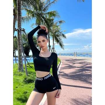 Chongbaijia 3 Piece Women's Lightweight Long Sleeve Crop Tops Square Neck Cropped Top Set for Women Workout Gym Exercise Yoga