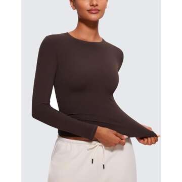 CRZ YOGA Long Sleeve Shirts for Women Soft Crew Neck Fall Basic Tight Tops Fitted Casual Going Out T-Shirts Hot Fudge Brown Medium