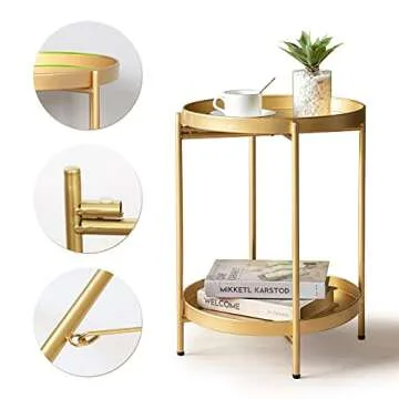 Stylish FUNME Gold Folding End Table with Removable Tray