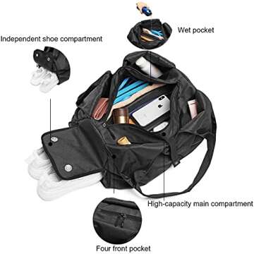 Travel Yoga Gym Bag for Women, Carrying Workout Gear, Makeup, and Accessories, Shoe Compartment and Wet Dry Storage Pockets