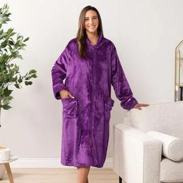 PAVILIA Womens Housecoat Zip Robe, Fleece Zip Up Front Robe Bathrobe, Plush Warm Zipper House Coat Lounger for Women Ladies Elderly with Satin Trim, Pockets, Long - Purple (Small/Medium)