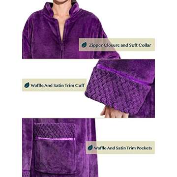 PAVILIA Womens Housecoat Zip Robe, Fleece Zip Up Front Robe Bathrobe, Plush Warm Zipper House Coat Lounger for Women Ladies Elderly with Satin Trim, Pockets, Long - Purple (Small/Medium)
