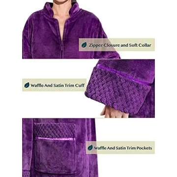 PAVILIA Womens Housecoat Zip Robe, Fleece Zip Up Front Robe Bathrobe, Plush Warm Zipper House Coat Lounger for Women Ladies Elderly with Satin Trim, Pockets, Long - Purple (Small/Medium)