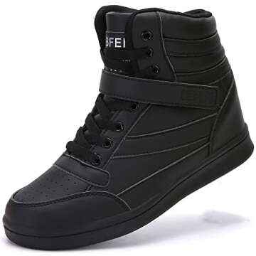 UBFEN Womens High Top Ankle Support Sneakers Black Hidden Wedge Heel Retro 80s Tennis Shoes for Girls Cosplay Removable Insole Backpacking Boots Size 8