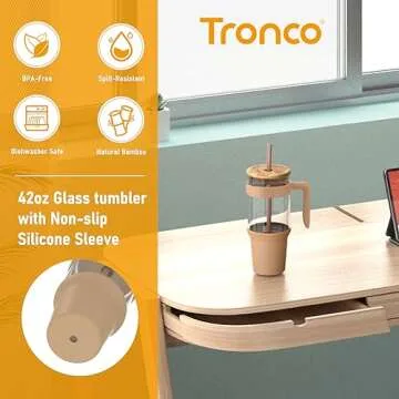 Tronco 40 oz Glass Tumbler with Handle, Reusable Glass Tumbler with Straw and Lid, Iced Coffee Cup with Bamboo Lid, Glass Water Bottles Fit in Cup Holder, Smoothie Cup