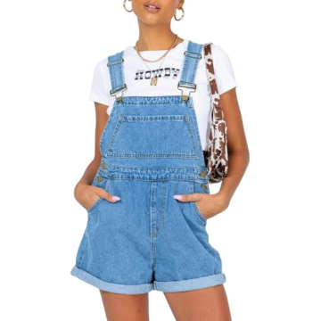 PLNOTME Women's Cute Denim Shorts Overall Summer Adjustable Straps Wide Leg Jeans Shortalls with Poc...