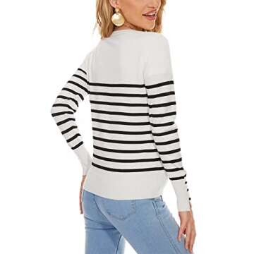 Spicy Sandia Women's Lightweight Crewneck Cardigan Sweaters Cropped Button Down Knit Cardigans Dressy Casual(Black Striped,M)