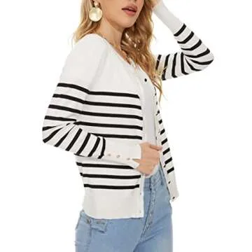 Spicy Sandia Women's Lightweight Crewneck Cardigan Sweaters Cropped Button Down Knit Cardigans Dressy Casual(Black Striped,M)