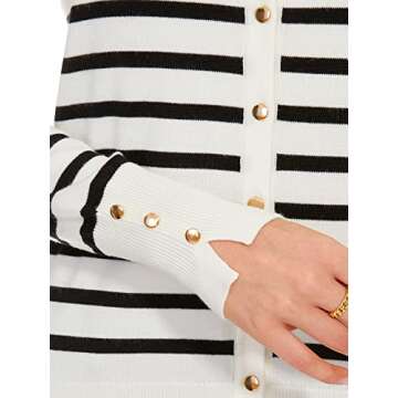 Spicy Sandia Women's Lightweight Crewneck Cardigan Sweaters Cropped Button Down Knit Cardigans Dressy Casual(Black Striped,M)