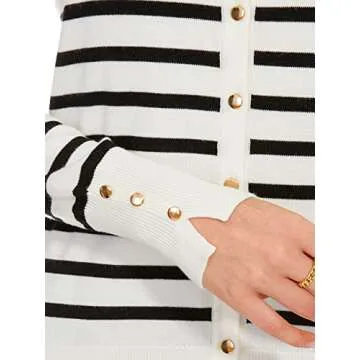 Spicy Sandia Women's Lightweight Crewneck Cardigan Sweaters Cropped Button Down Knit Cardigans Dressy Casual(Black Striped,M)