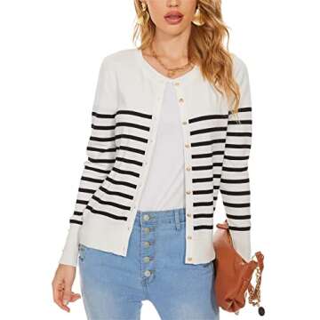 Spicy Sandia Women's Lightweight Crewneck Cardigan Sweaters Cropped Button Down Knit Cardigans Dressy Casual(Black Striped,M)