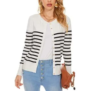 Spicy Sandia Women's Lightweight Crewneck Cardigan Sweaters Cropped Button Down Knit Cardigans Dressy Casual(Black Striped,M)