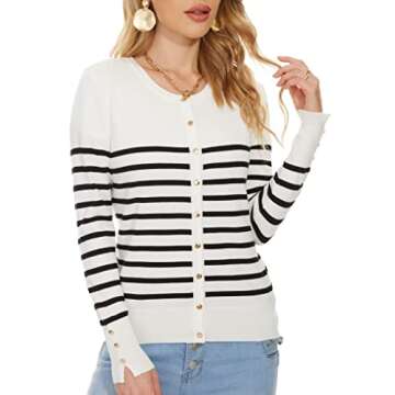 Spicy Sandia Women's Lightweight Crewneck Cardigan Sweaters Cropped Button Down Knit Cardigans Dressy Casual(Black Striped,M)