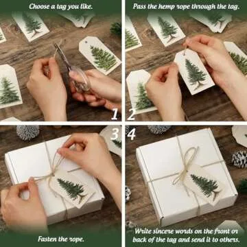 Whaline 120Pcs Christmas Tree Gift Tags with Rope Vintage Green Beige Paper Tags Xmas Winter Hanging Labels for Gift Wrapping DIY Crafts, 4 Designs