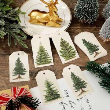 Whaline 120Pcs Christmas Tree Gift Tags with Rope Vintage Green Beige Paper Tags Xmas Winter Hanging Labels for Gift Wrapping DIY Crafts, 4 Designs